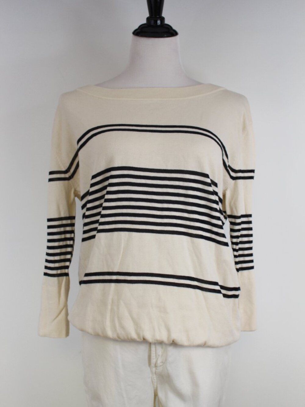 Autumn Cashmere Stripe Boat Neck Sweater Cream Black Parisian Euro Summer‎ M